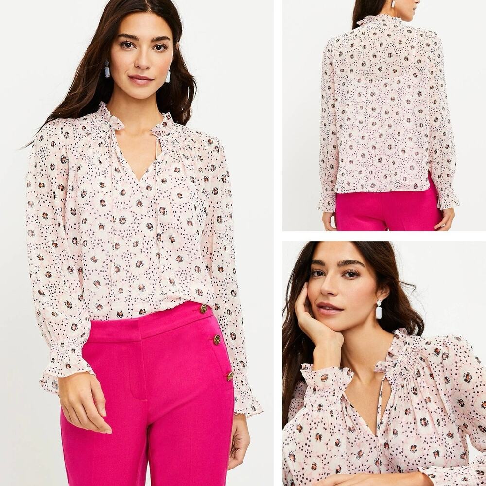 NEW LOFT Daisy Ruffle Tie Neck Blouse In Crystal Pink - Size XS